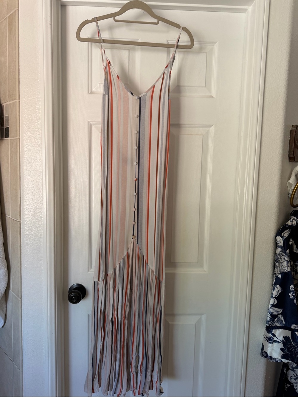 Striped Button-Front Maxi Dress in Cream with Orange & Gray Stripes
